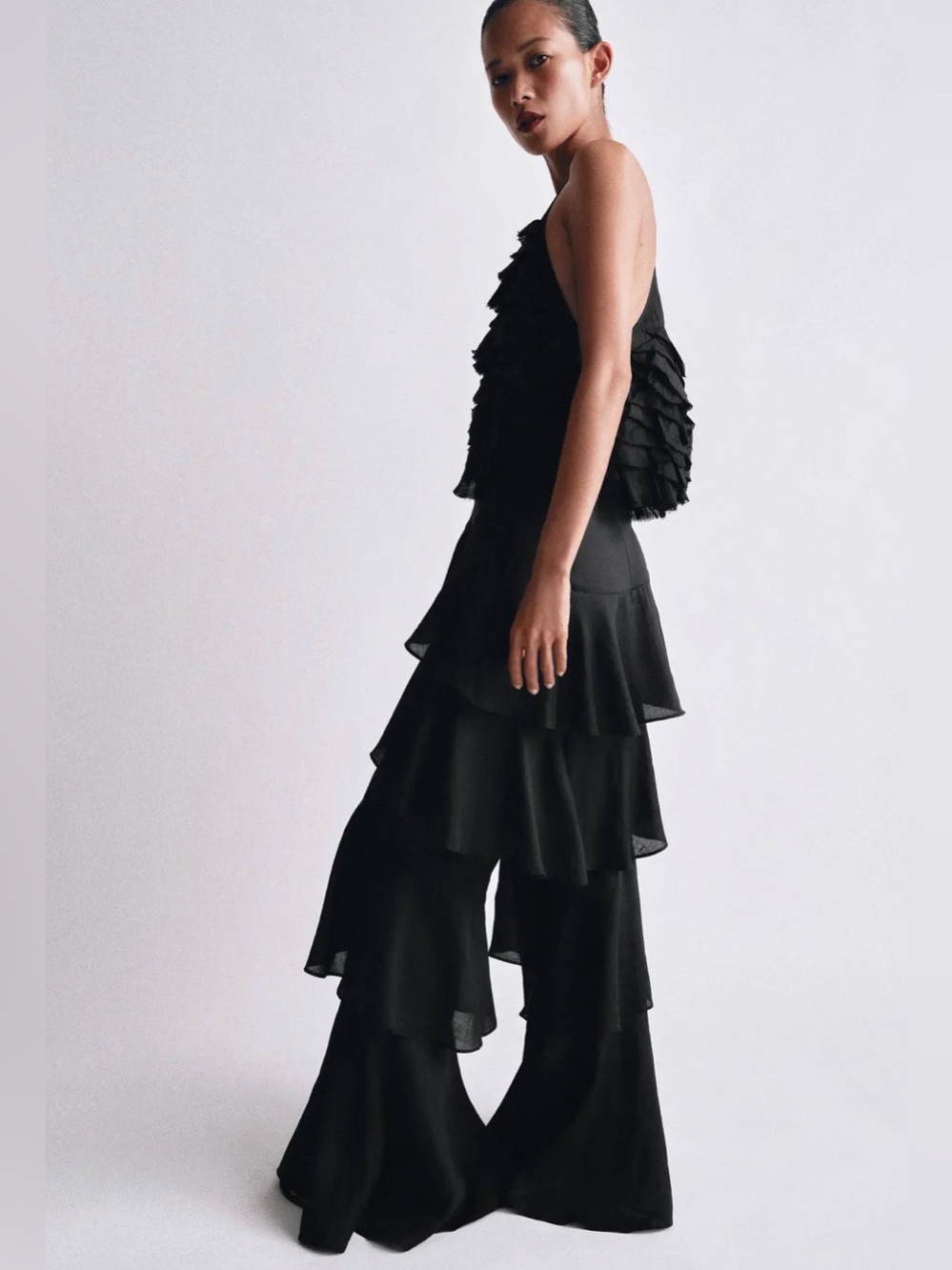 NWT Zara Collection Women’s Ramie Ruffled Pants Flowy Small Black 5344/051 - Picture 2 of 16